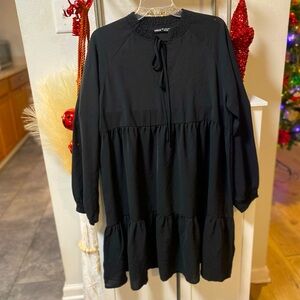Shein womens black tie neck lantern sleeve smock dress with ruffles. Sz Large